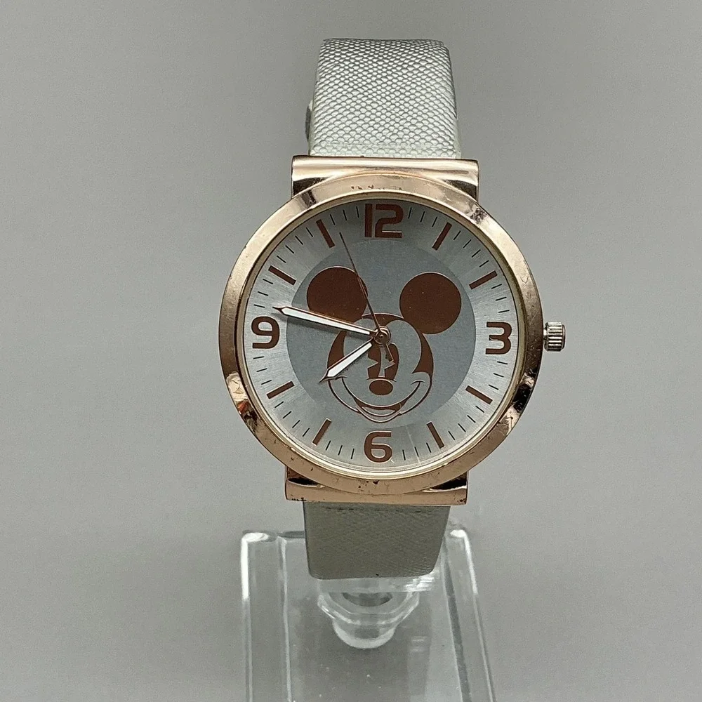Disney Womens Watch Silver Dial‎ Gray Faux Leather Strap Mickey Mouse Rose Gold